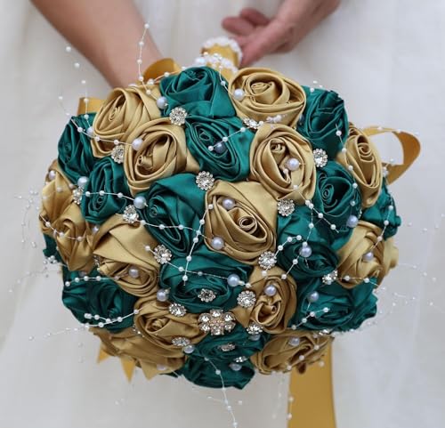 Ujicde Romantic Wedding Bouquet Bridal Bridesmaid Round Bling Brooch Bouquet Throw Toss Artificial Rose Flower Bunch with Sparkle Rhinestone Crystal Decoration(Dark Green+Gold,Dia. 6.3"*16cm) - color: Dark Green+gold, size: Dia. 6.3"*16cm