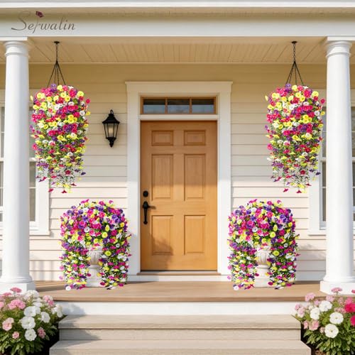 Serwalin Artificial Hanging Flowers for Outdoors UV Resistant, 4PCS Faux Morning Glory Fake Outdoor Flowers Realistic Silk Flower Plants for Outside Planter Front Door Porch Patio Yard Decor - color: A Summer Color