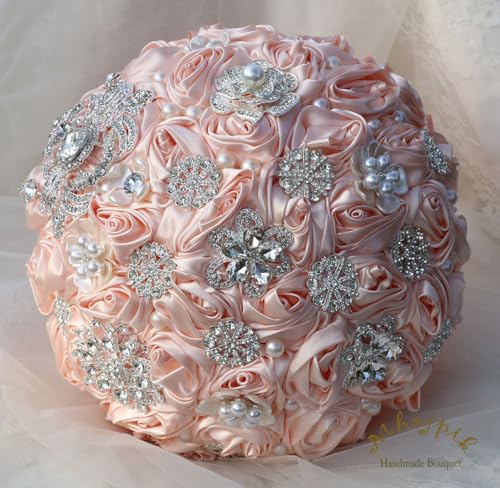 Bridal Wedding Bouquet Round Bling Brooch Bouquet Artificial Rose Flower Bunch for Bride Bridesmaid Wedding Quinceanera(Light Salmon Pink, 9.8") - color: Light Salmon Pink, size: Large (Dia. 9.8"/25cm)