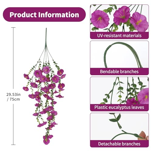 6PCS Artificial Hanging Flowers Fake Plants Outdoor, Silk Morning Glory Faux Flowers with Eucalyptus UV Resistant Realistic Hanging Petunias Plants for Basket Home Garden Decor (Hot Pink) - color: Hot Pink