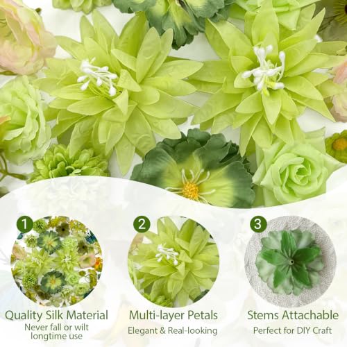 Artificial Flowers Heads Green Silk Faux Flower Heads Fake Roses Lily Carnation Daisy Flowers Bulk for DIY Craft Cake Wedding Party Bridal Baby Shower Graduation Cap Table Home Decoration - color: Green