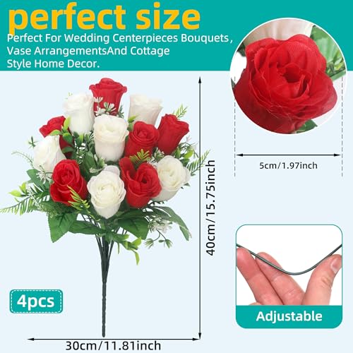 Artificial Rose Bouquets Fake Roses Flowers Set of 4 Realistic Silk Flowers for Cemetery Headstone Home Wedding Decoration UV Resistant No-Fading(Red White) - color: Red White