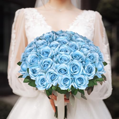 30pcs Sky Blue Artificial Roses with Long Stems Realistic Bouquet Blue Fake Silk Rose Artificial Flowers Bulk for Bridal Wedding Bouquet Centerpiece Ball Arrangement Party Decor - color: Sky Blue