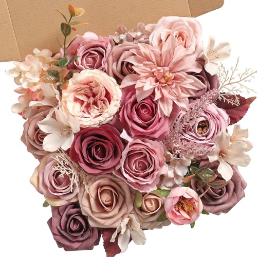 YYHUAWU Mauve Artificial Flowers Combo Set Fake Flower Leaf Box with Stems for DIY Wedding Bouquets Centerpieces Flower Arrangements Decorations Baby Shower Party Home Decorations - color: Mauve & Rose