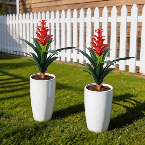 Ivydale Fake Flowers Plants for Outdoors, 2 Pcs 16.93" Bromeliad Artificial Flowers Uv Resistant Realistic Faux Flowers for Outdoor Planters Outside Porch Patio Yard Garden Indoor Decoration(Red) - color: Red