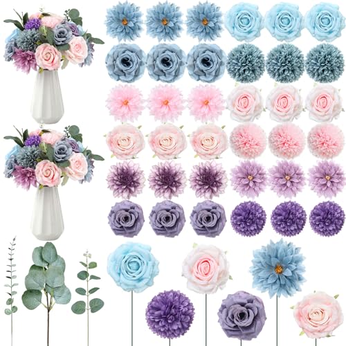 Suncalla 98 Pcs Artificial Flowers Bouquet Assorted Faux Flowers Heads with Stem Eucalyptus Leaves Silk Floral Table Centerpiece for DIY Wedding Party Wreath Home Decor(Blue, Purple, Pink Color) - color: Blue, Purple, Pink Color