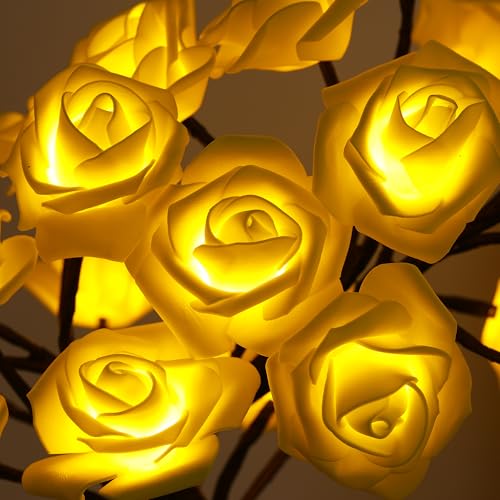 Drawelry Rose Flower Tree Lamp - LED Rose Tree Table Lamp USB/Battery Powered Artificial Bonsai Flower Night Light for Bedroom Living Room Party Wedding Birthday Decor (Yellow) - color: Yellow