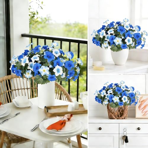 Artificial Flowers for Outdoors, Faux Petunias Spring Summer Decoration, Fake Flowers Plants UV Resistant Look Real Silk Flowers for Outside Planter Front Door Porch Patio Yard (6, Blue-White) - color: Blue-white