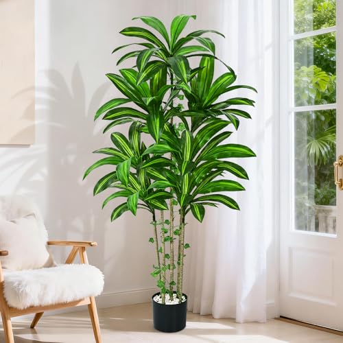Dolicer 5FT Tall Look Real Artificial Dracaena Tree Indoor with Black Planter, Realistic Artificial Fake Faux Indoor Plants with Natural Trunk and Lifelike Leaves for Home Office Living Room - size: 5FT