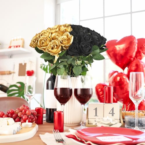 30pcs Fake Roses Artificial Silk Flowers Long Stems Bouquet for Wedding Bridal Shower Party Home Decoration (Black + Gold) - color: Black + Gold