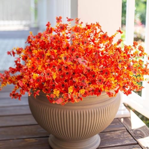 Artificial Outdoor Flowers 16 Bundles UV Resistant Realistic Fake Mums Flowers Plants for Autumn Decoration Indoor Outdoor Window Box Hanging Basket Planter Porch Decor(Fall Orange) - color: Fall Orange