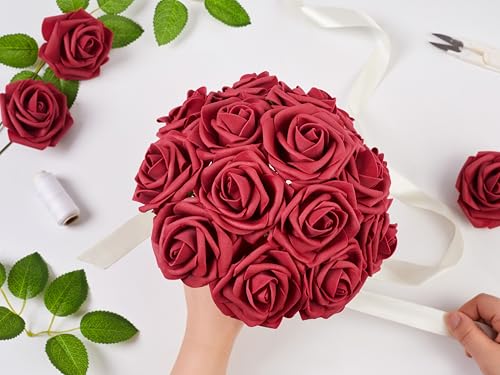 16 Pcs Fake Dark Red Roses Artificial Flowers | Dark Red Foam Roses with Stems, Artificial Flowers for DIY Wedding Bouquets, Centerpieces, Party, Home Decor - color: Dark Red