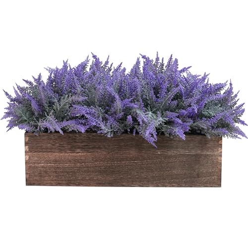 Winlyn 14" Artificial Lavender Flowers Plants in Rectangular Wooden Planter Box Faux Frosted Lavender Potted Arrangements Floral Centerpiece for Farmhouse Home Wedding Table Centerpiece Mantel Décor