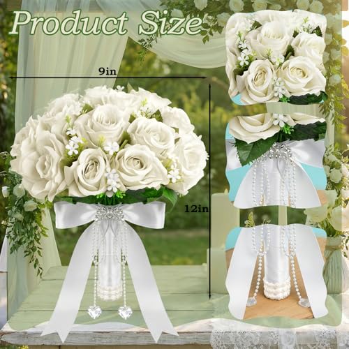 Wowagoga 12 Inch Wedding Bouquet with Pearl Crystals Ribbons,Artificial Rose Flower for Bride Bridesmaids Artificial Fake Flowers Fake Flowers Toss Bouquet for Wedding Party Church(White)