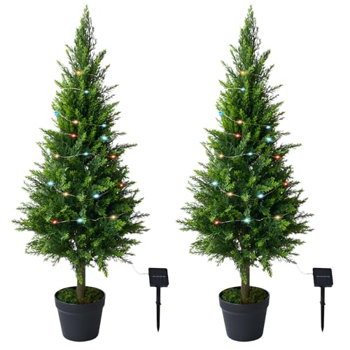 2 Packs of Fake Cypress Plants with Lights, 4FT Artificial Cedar Pruning Tree, with Flowerpot, UV Resistant Artificial shrubs, Suitable for Outdoor and Indoor Front Porch Gardens - size: 4FT Cypress Plants