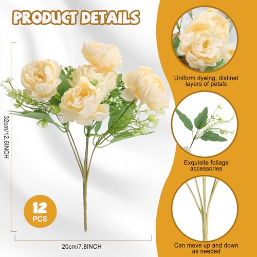 12 Packs Champagne Peonies Artificial Flowers Bulk for Centerpiece | Realistic Silk Flowers, Wedding Decoration, Home Table Centerpiece, DIY Bouquet - color: Champagne
