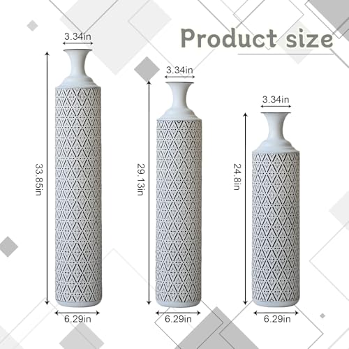 Tall Floor Vases Set of 3 for Decor Living Room Floor, White Vases Home Decor, Embossed Body Pattern, 33.85" H/29.13" H/24.8" H Geometric Cylinder (White 6) - color: White 6