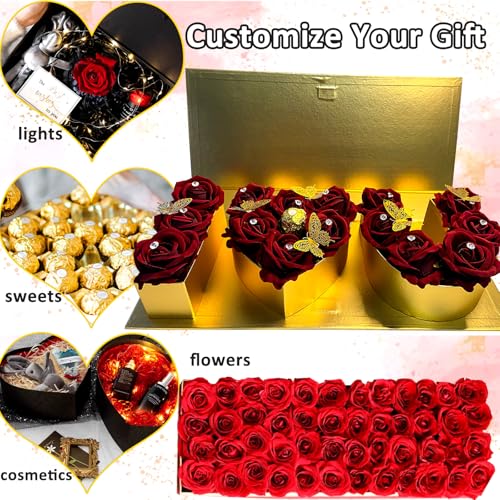Valentines Day I Love You Box Flower Gift Box Heart Shaped Empty Cardboard Fillable Gift Box Flower Letter Box Chocolate Strawberry Candy Jewelry Package for Luxury Style Flower Arrangements Birthday - color: Gold