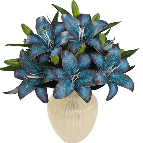 Kimura's Cabin 6Pcs Tiger Lily Artificial Flowers Real Touch Fake Lilies with Stems Faux Lilies Bouquet for Wedding Floral Arrangements Easter Home Table Centerpiece Office Decor(Deep Lake Blue) - color: Deep Lake Blue
