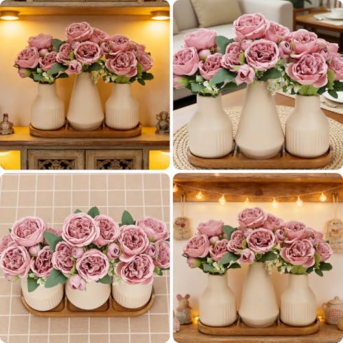 Flower Table Centerpiece - Dining Table Centerpiece Decor Set of 3 Fake Peonies in Ceramic Vases & Wood Tray Modern for Kitchen Island Living Room Coffee Table Home Decor (Dusty Pink) - color: Dusty Pink