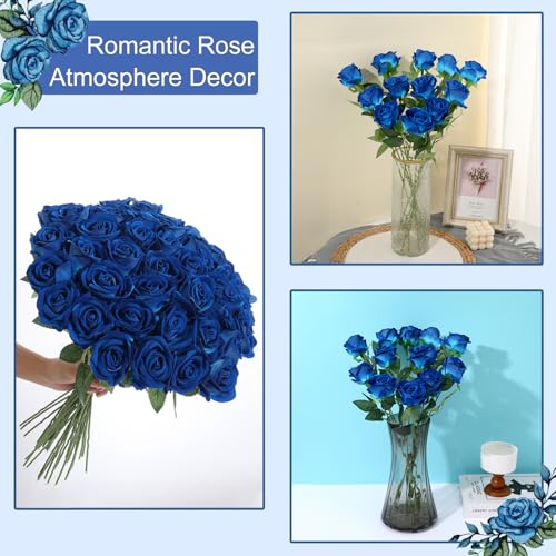 50Pcs Blue Roses Artificial Flowers Fake Roses Faux Velvet Silk Flower for Home Wedding Decoration (Pearl Rose, Blue) - color: Pearl Roses - Blue 50p