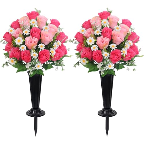 Wocst Artificial Cemetery Flowers for Grave Memorial Day Flowers for Cemetery,2Pack Artificial Silk Roses Daisy Bouquets with Cemetery Vases for Outdoor Grave Decorations ﻿ (Pink) - color: Pink
