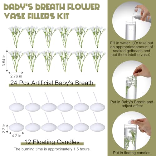 Conelist 36 Pcs Floating Candles and Floating Flowers for Centerpieces Wedding Baby's Breath Vase Filler Artificial Flowers Decoration for Party Home Wedding Table Centerpieces Party Decoration