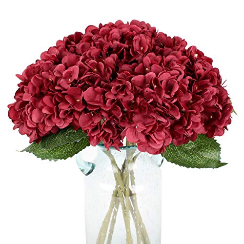 6 Pack Burgundy Red Faux Hydrangea Flowers, Silk Artificial Fake Hydrangea Stems for Wedding Centerpieces, Home Table Decor & Baby Shower Arrangement - color: Burgundy Red