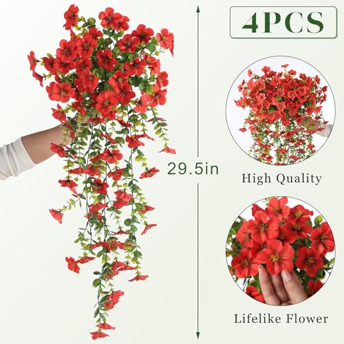 VIERENA 4 Bundles Artificial Hanging Morning Glory Flowers for Outdoor, Realistic Hanging Flowers Silk Fake Morning Glory with Faux Eucalyptus for Yard Garden Porch Patio Balcony Home Decor (Red) - color: Red