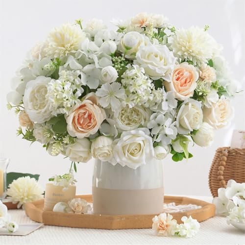 8 Pcs Mixed Artificial Peony Flowers Set-4 Bouquets & 4 Stems, White Fake Peony Rose Hydrangea Flower for Vase Silk Floral Arrangements for Table Centerpiece Wedding Party Bridal Decoration Home Decor - color: White, size: Mixed 8pcs