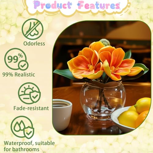 Yellow Magnolia Artificial Flowers with Vase Fake Magnolia Flowers Indoor Real Touch Flowers with Faux Water for Home Decor Centerpieces for Tables - color: Yellow Magnolia