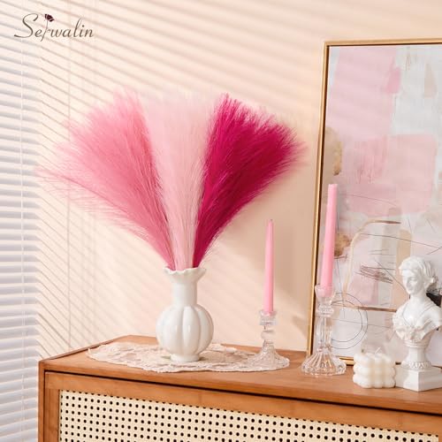 Serwalin 60Pcs Hot Pink & Blush & Pink Pampas Grass Decor, 17.7'' Faux Pampas Grass, Artificial Pompous Grass Bulk Vase Filler Flower Arrangement for Boho Home Wedding Decor - color: C Hot Pink