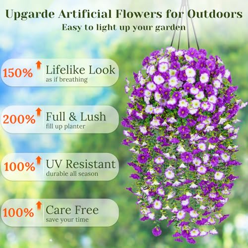 Dolicer 2 Packs Look Real Artificial Flowers for Outdoors, Fake Artificial Hanging Flowers for Outdoors Realistic UV Resistant Hanging Flowers Silk Petunia Faux Flowers for Porch Patio (Mixed Purple) - color: Mixed Purple, size: 2 packs