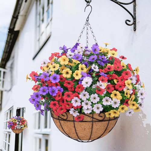 Artificial Hanging Flowers for Outdoors, UV Resistant Silk Flowers Basket Mixed Color Faux Daisy with Eucalyptus Leaves Hanging Fake Plants for Porch Balcony Patio Home Spring Summer Decoration - color: Mixed Color-2