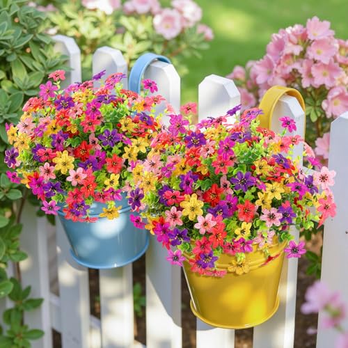 SHareconn 24 Bundles Artificial Flowers for Outdoors Decoration, Faux Plants Fake Silk Colorful Daisy Eucalyptus Lavender, UV Resistant for Outside Home Indoor Spring Decor, 6 Colors incl. Deeppurple - color: Redfuchsiapurpledeeppurpleyellowpink