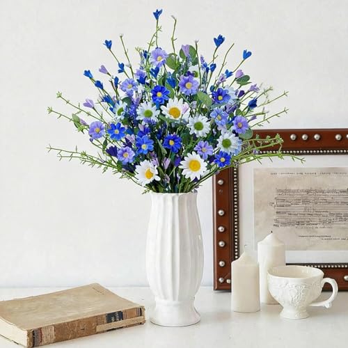 Artificial Spring Flowers 12 Pack Floral Picks 17 Inch Spring Floral Stems with Green Leaves White Blue Purple Daisy Forsythia for Flower Arrangements Centerpieces Indoor Decorations