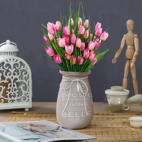 8 Bundles Outdoor Artificial Tulips Fake Flowers UV Resistant Faux Plastic Greenery Shrubs Plants for Home Outside Garden Porch Window Farmhouse Decor (Light Pink) - color: Light Pink