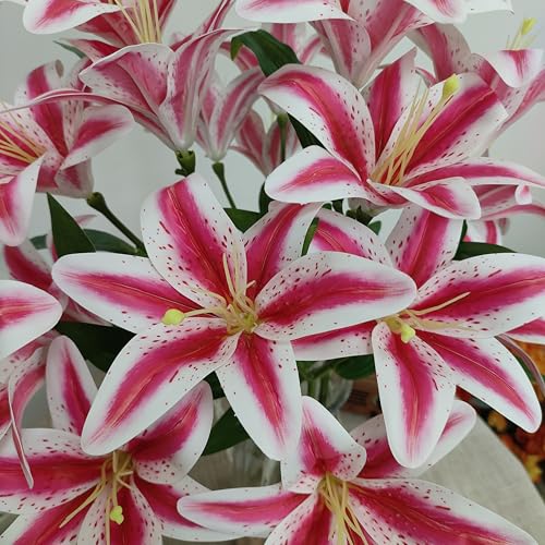 Pink Lilies Artificial Flowers,6 Pcs Faux Lily Flowers,23 Inch Long Stem Tiger Lily Branch with 3 Full Blooms and 4 Leaves, Latex Real Touch Lilium Flower for Wedding Bouquet (6, Pink) - color: Pink