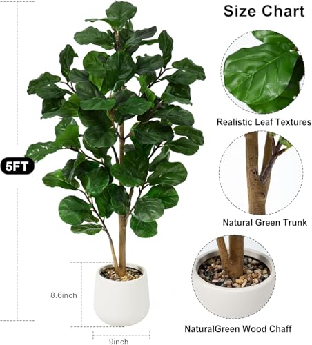 Faux Fiddle Leaf Fig Tree 5ft Tall Indoor Fake Tree in White Pot with 70 Leaves Artificial Ficus Lyrata House Plant for Indoor Home Office Bedroom Living Room Decor Perfect Housewarming Gift - size: 5ft