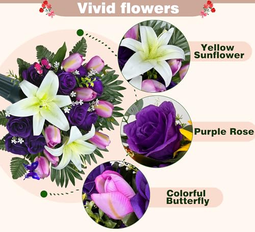 Cemetery Flowers with Vases for Grave Decor, Silk Lily Rose Tulip Headstone Flower,Tombstone Flower - Bright and Colorfast,Purple/White,2 Lovely Butterflies Included