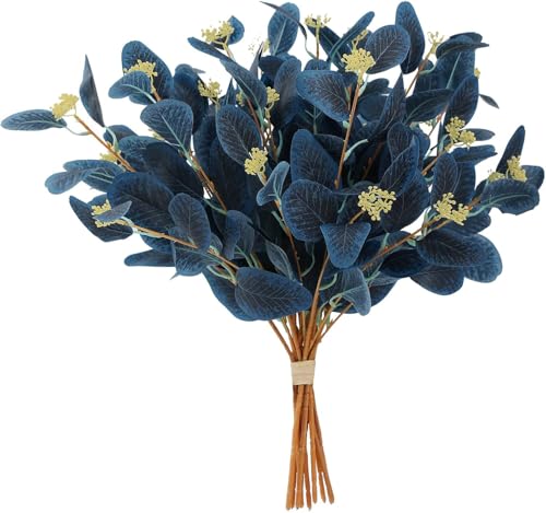 dallisten 20" Silk Artificial Eucalyptus Stems, 12Pcs Fake Eucalyptus Stem with Leaves Berries, Greenery Plants Floral Decorations for Wedding Party Flower Arrangement Home Decor (Navy Blue) - color: Navy Blue