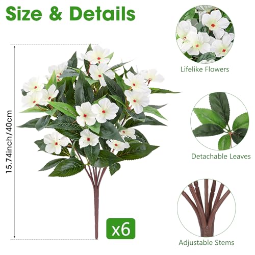 6 Pcs Artificial Flowers for Outdoors Fake Silk Periwinkle Flowers Faux Plants UV Resistant Bouquet Decorations for Planters Spring Summer Garden Porch Patio Window Box Balcony Home, White - color: White