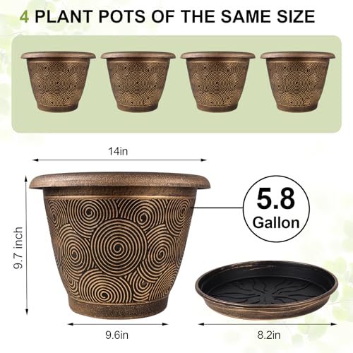 Fodetyff 14 Inch Large Planter Pot for Plants Indoor Outdoor, 4 Pack Plastic Flower Pots with Drainage Hole & Tray, Modern Decorative Garden Pot with Saucer, Plant Container for House - color: Gold, size: 14 inch-4 pack
