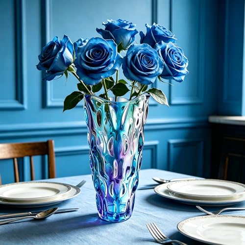 9.5" High Thickened Colorful Blue Glass Flower Vase for Home Decor, Dining Wedding Table Office Holiday Party Centerpiece Decoration - color: Magic Magic Colorful Blue Color
