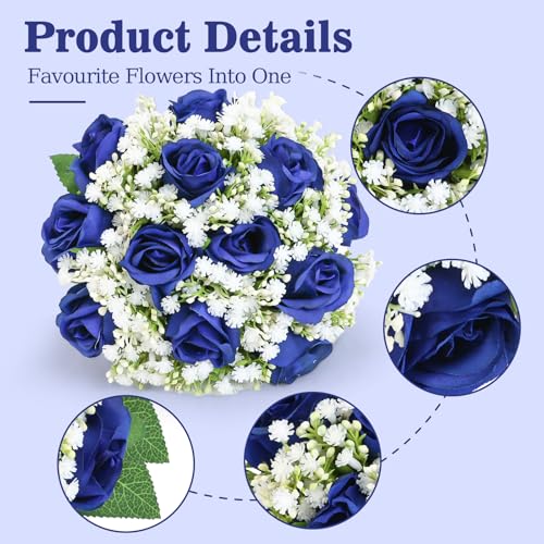 Artificial Bridesmaid Bouquets Set of 6 for Wedding-7 inch Navy Blue Flowers Bouquets for Bridesmaids, Faux Rose Gypsophila Rustic Small Floral Bouquet Fake Wedding Party Ceremony Anniversary Decor - color: Navy Blue, size: Set of 6 Bridesmaid Bouquets