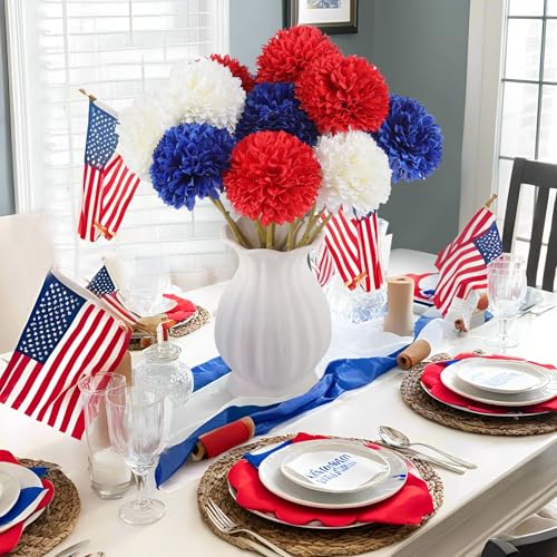 Rowfad 12 Pcs Artificial Chrysanthemums Flowers Patriotic Flowers 4th of July Fake Mums Flowers Silk Red White Blue Flower for Home Decor Indoor Memorial Day Table Centerpiece (12, Red White Blue) - color: Red White Blue