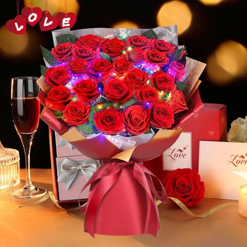 ADDWel 24 Preserved Red Roses Bouquet - Real Roses That Last 3+ Years, Romantic Anniversary & Birthday Gifts for Women, Wife, Girlfriend - Two Dozen Infinity Flowers for Delivery - color: Preserved Red Roses Bouquet - 24 Roses
