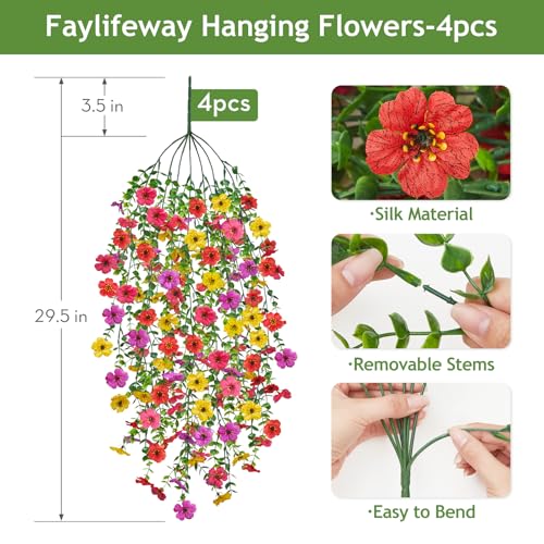 Artificial Hanging Flowers for Outdoors, 4PCS UV Resistant Artificial Outdoor Flowers, Silk Flowers for Outside Patio Porch Front Yard Window Garden Indoor Decor(Spring Color,4PCS) - color: Summer Color, size: 4PCS