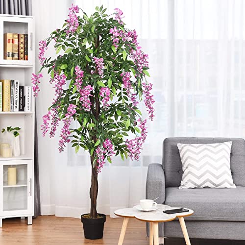 Goplus 6FT Ficus Artificial Tree, 2 Pack Fake Wisteria Tree in Nursery Pot, Greenery Faux Floor Plant, Tall Artificial Plants for Indoor Outdoor Bedroom Living Room Decor - color: Rosy, size: 6ft×2