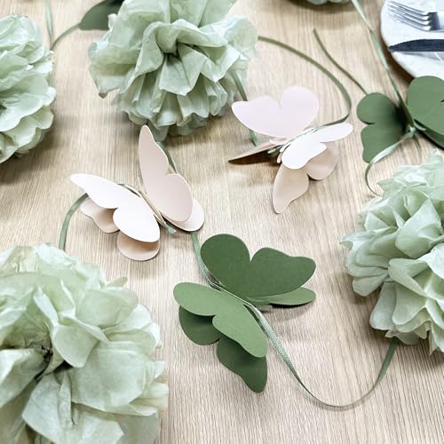 Sage Green Party Decorations Tissue Flowers Pom Pom Olive Green Beige 3D Butterfly Hanging Paper Garland Streamer Banner for Spring Themed Birthday Baby Shower Wedding Tea Party Home Decor Supplies - color: dusty green butterfly